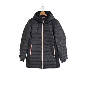 GapFit Scuba Puffer Coat Women's L Black Hooded Parka Winter Jacket Vegan Warm